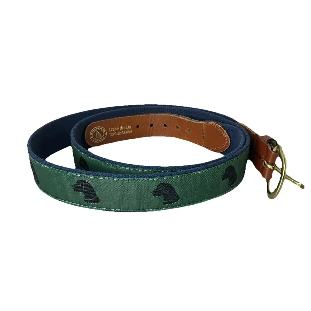 Leather Man Ltd. Black Lab Dog Fabric & Leather Belt VTG Men Sz 48” Preppy